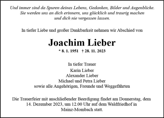 Traueranzeige von Joachim Lieber von Allgemeine Zeitung Mainz