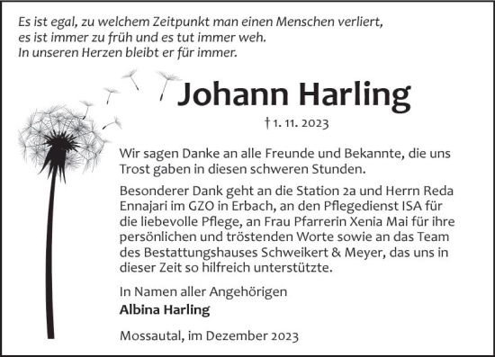 Traueranzeige von Johann Harling von Odenwälder Echo
