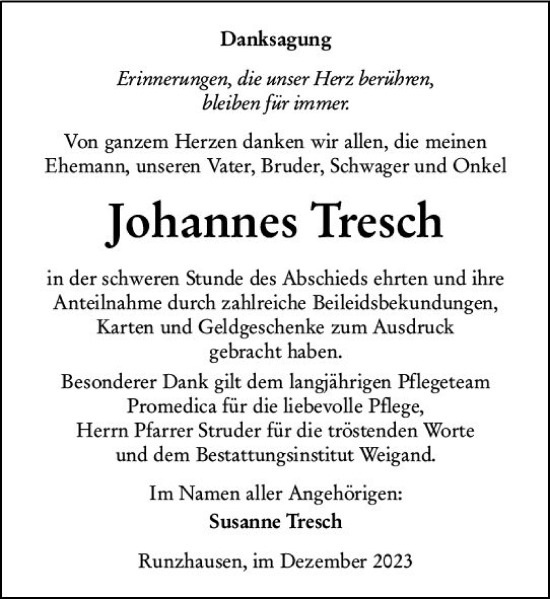 Traueranzeige von Johannes Tresch von Hinterländer Anzeiger