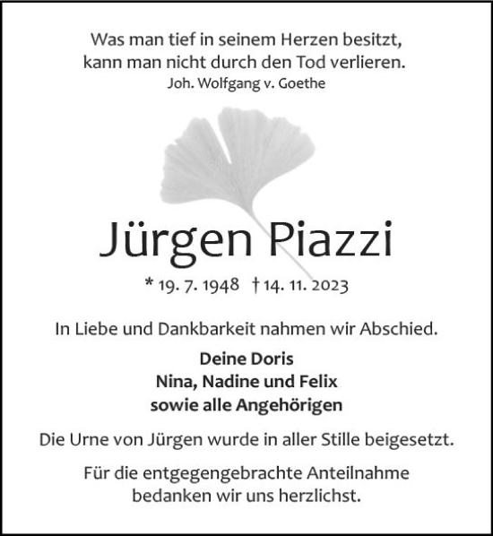 Traueranzeige von Jürgen Piazzi von Odenwälder Echo