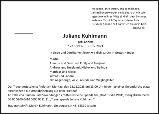 Traueranzeige von Juliane Kuhlmann von Idsteiner Land/Untertaunus