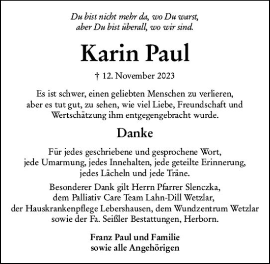 Traueranzeige von Karin Paul von Dill Block Traueranzeige von Karin Paul von Dill Block