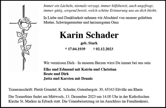 Traueranzeige von Karin Schader von Rheingau Kurier