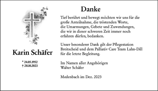 Traueranzeige von Karin Schäfer von Dill Block