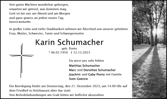 Traueranzeige von Karin Schumacher von Wiesbadener Kurier
