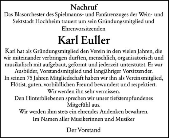 Traueranzeige von Karl Euller von Hochheimer Zeitung