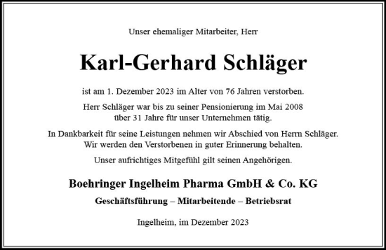 Traueranzeige von Karl-Gerhard Schläger von Allgemeine Zeitung Bingen/Ingelheim