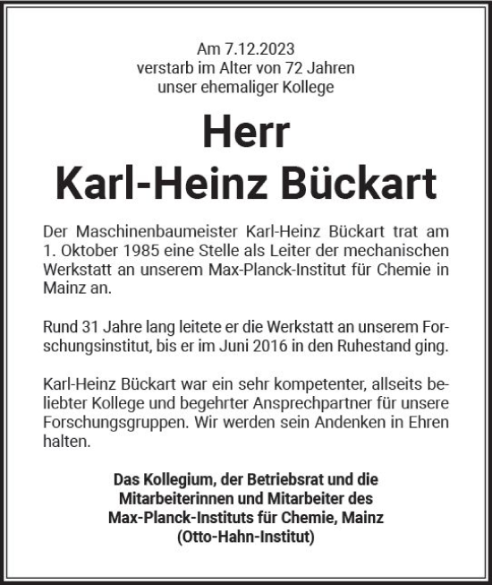 Traueranzeige von Karl-Heinz Bückart von Allgemeine Zeitung Mainz