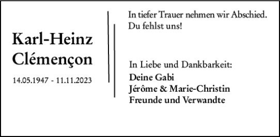 Traueranzeige von Karl-Heinz Clemencon von Wiesbadener Kurier