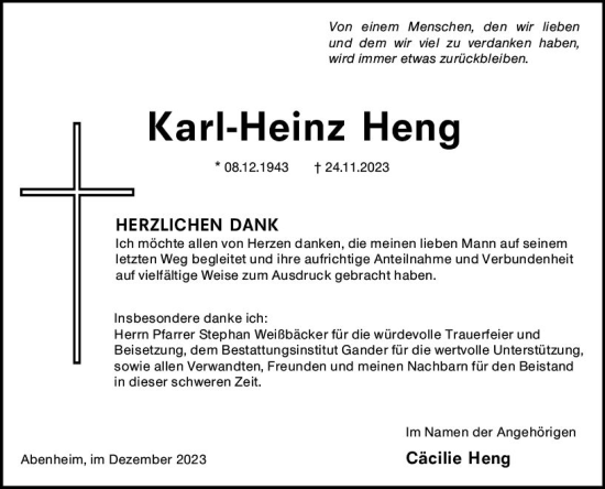 Traueranzeige von Karl-Heinz Heng von Wormser Zeitung