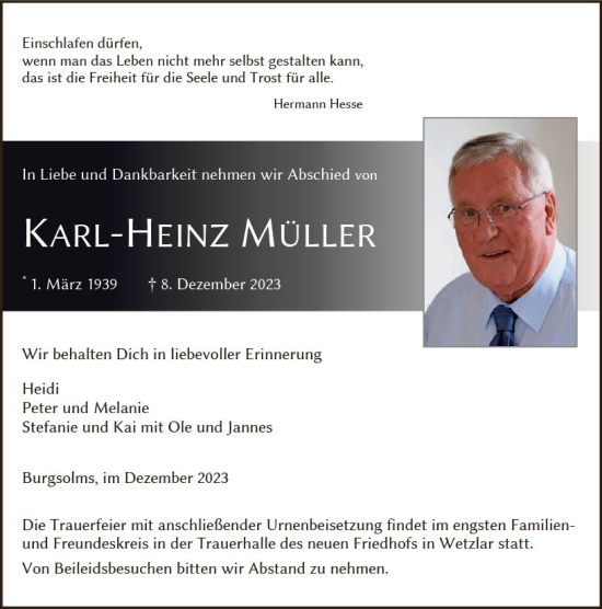 Traueranzeige von Karl-Heinz Müller von Wetzlarer Neue Zeitung