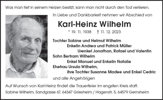 Traueranzeige von Karl-Heinz Wilhelm von Groß-Gerauer Echo