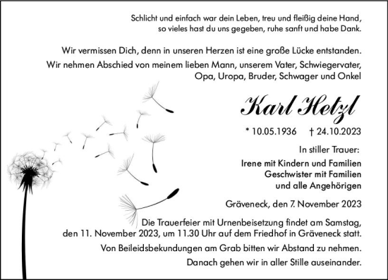 Traueranzeige von Karl Hetzl von Weilburger Tageblatt