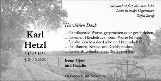 Traueranzeige von Karl Hetzl von Weilburger Tageblatt