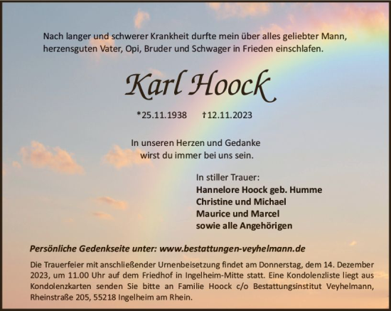 Traueranzeige von Karl Hoock von Allgemeine Zeitung Bingen/Ingelheim