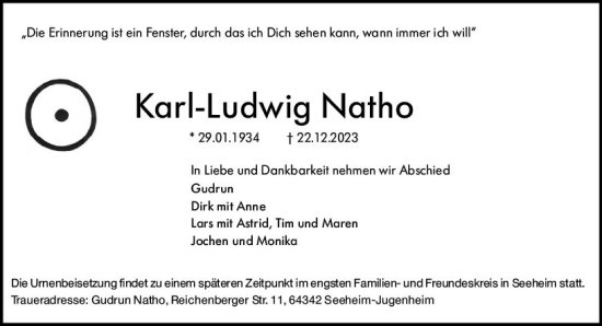 Traueranzeige von Karl-Ludwig Natho von Darmstädter Echo