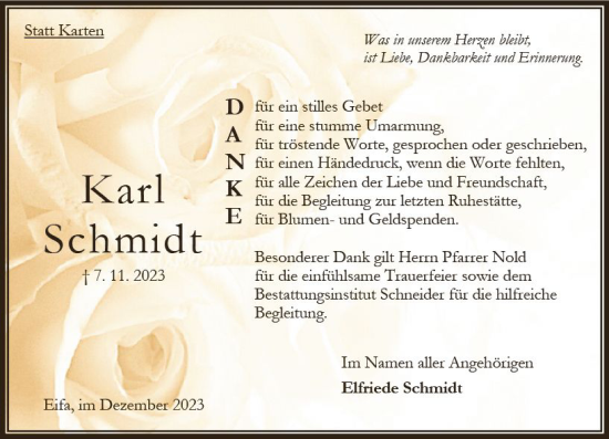 Traueranzeige von Karl Schmidt von Oberhessen Kurier