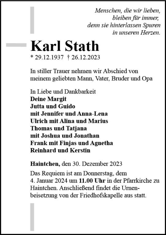 Traueranzeige von Karl Stath von Nassauische Neue Presse