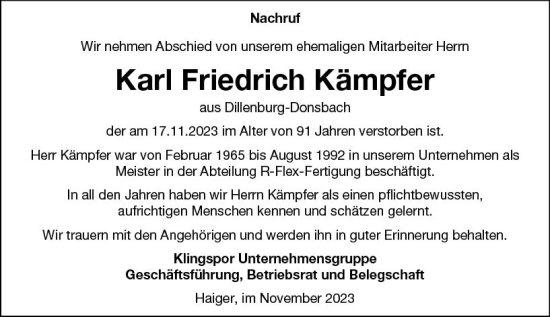 Traueranzeige von Karl Friedrich Kämpfer von Dill Block