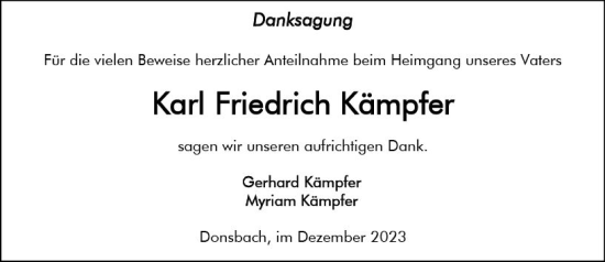 Traueranzeige von Karl Friedrich Kämpfer von Dill Block