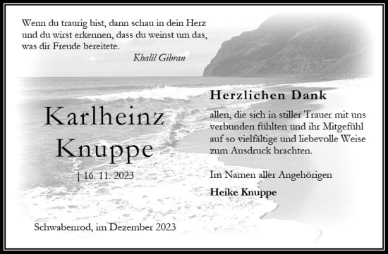 Traueranzeige von Karlheinz Knuppe von Oberhessen Kurier