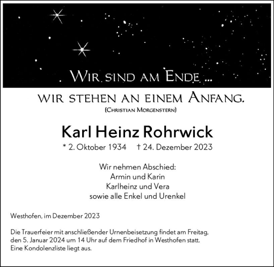 Traueranzeige von Karl Heinz Rohrwick von Wormser Zeitung