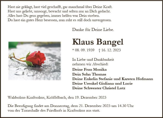 Traueranzeige von Klaus Bangel von Wetzlarer Neue Zeitung