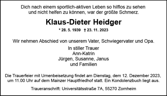 Traueranzeige von Klaus-Dieter Heidger von Allgemeine Zeitung Mainz