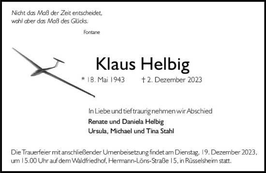Traueranzeige von Klaus Helbig von Rüsselsheimer Echo