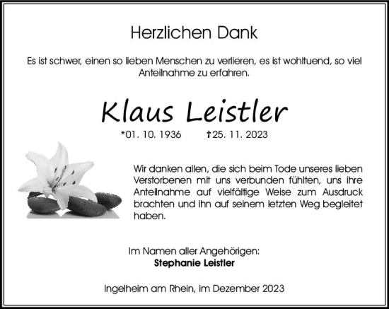 Traueranzeige von Klaus Leistler von Allgemeine Zeitung Bingen/Ingelheim
