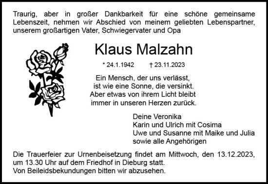 Traueranzeige von Klaus Malzahn von Darmstädter Echo