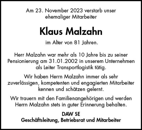 Traueranzeige von Klaus Malzahn von Darmstädter Echo