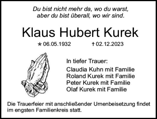 Traueranzeige von Klaus Hubert Kurek von Allgemeine Zeitung Mainz