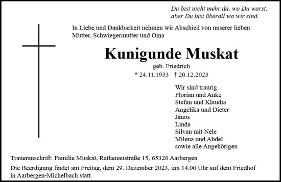 Traueranzeige von Kunigunde Muskat von Wiesbadener Kurier