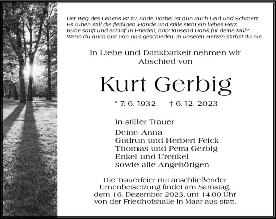 Traueranzeige von Kurt Gerbig von VRM Trauer