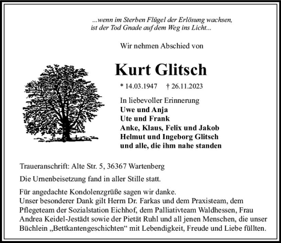 Traueranzeige von Kurt Glitsch von VRM Trauer