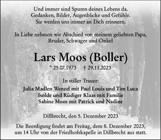 Traueranzeige von Lars Moos von Dill Block