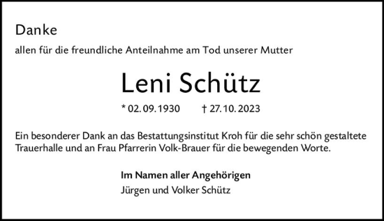 Traueranzeige von Leni Schütz von Weilburger Tageblatt