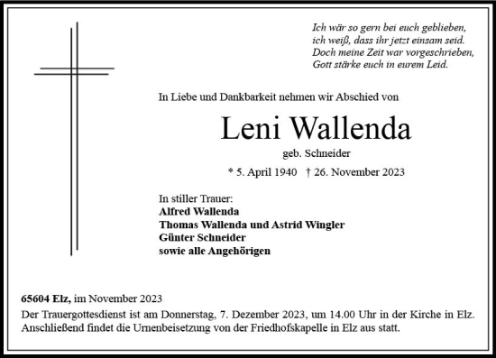 Traueranzeige von Leni Wallenda von Nassauische Neue Presse