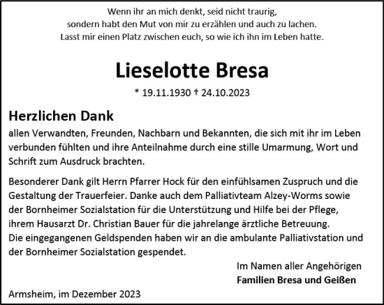 Traueranzeige von Lieselotte Bresa von Allgemeine Zeitung Alzey