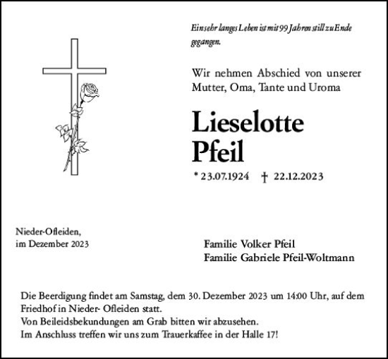 Traueranzeige von Lieselotte Pfeil von VRM Trauer