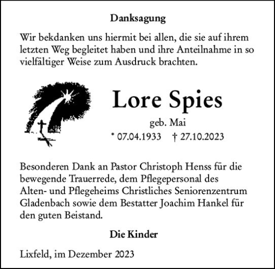 Traueranzeige von Lore Spies von Hinterländer Anzeiger