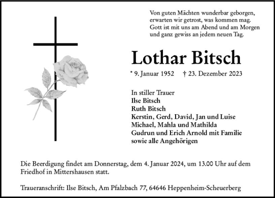 Traueranzeige von Lothar Bitsch von Starkenburger Echo