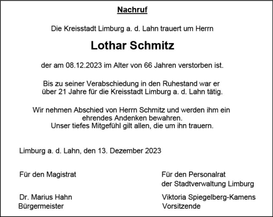 Traueranzeige von Lothar Schmitz von Nassauische Neue Presse