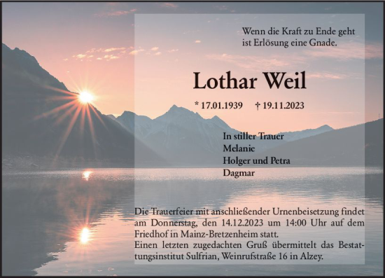 Traueranzeige von Lothar Weil von Allgemeine Zeitung Mainz