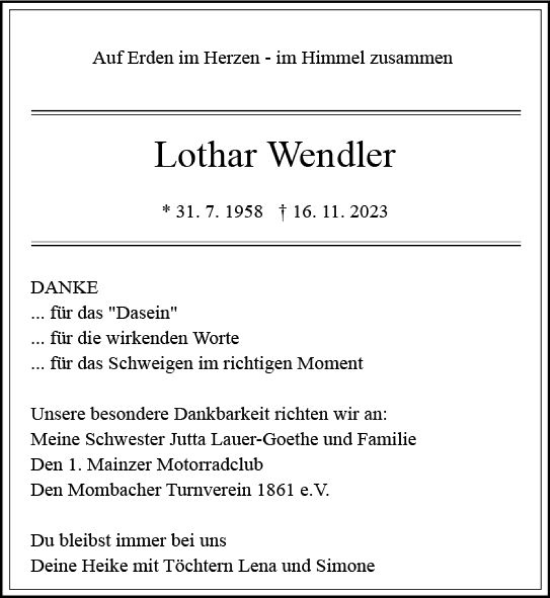Traueranzeige von Lothar Wendler von Allgemeine Zeitung Mainz