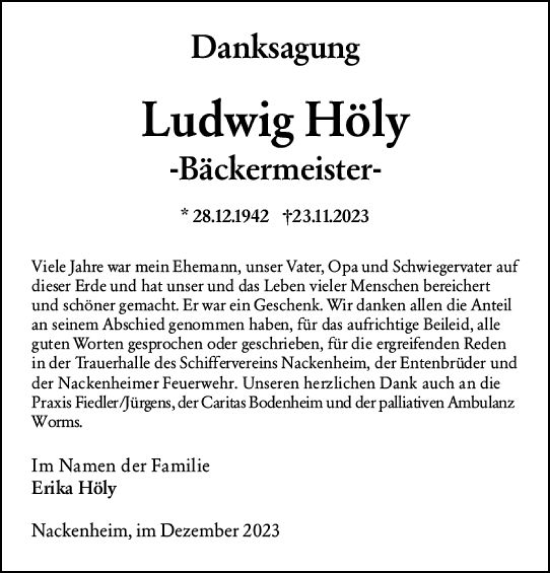 Traueranzeige von Ludwig Höly von Allgemeine Zeitung Mainz