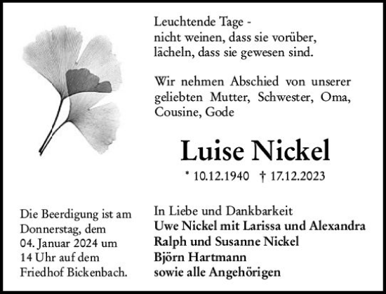 Traueranzeige von Luise Nickel von Darmstädter Echo