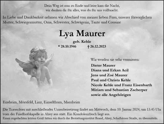 Traueranzeige von Lya Maurer von Allgemeine Zeitung Alzey