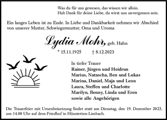 Traueranzeige von Lydia Mohr von Idsteiner Land/Untertaunus